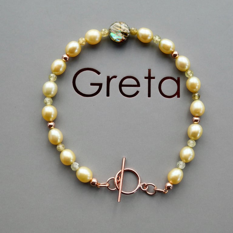 Green Pearl Bracelet with Faceted Tourmaline -  Rose Gold Filled Toggle Clasp