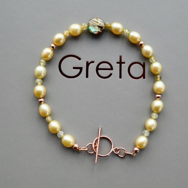 Green Pearl Bracelet with Faceted Tourmaline -  Rose Gold Filled Toggle Clasp