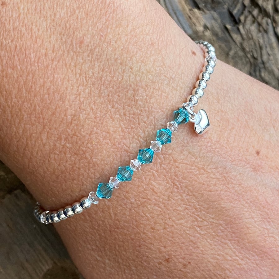 Sterling Silver & Aquamarine Swarovski Crystal Beaded Bracelet. 