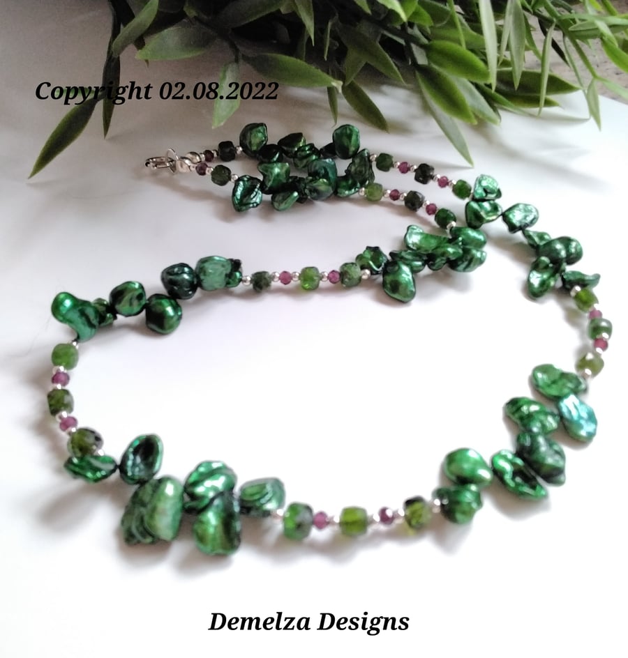 Keshi Pearl, Russian Diopside, Rare Rhodalite Garnet Sterling Silver Necklace 