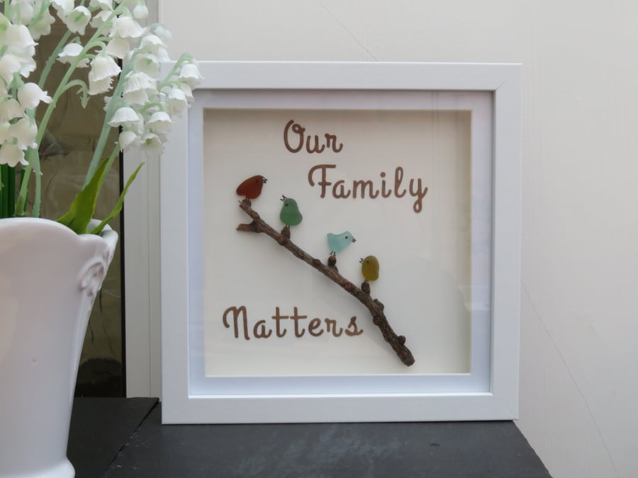 Sea Glass Family of Four Birds Box Frame Picture with Our Family Natters Wording