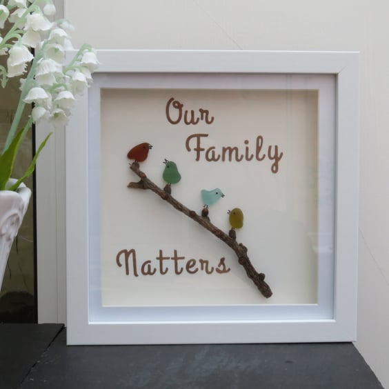 Sea Glass Family of Four Birds Box Frame Picture with Our Family Natters Wording