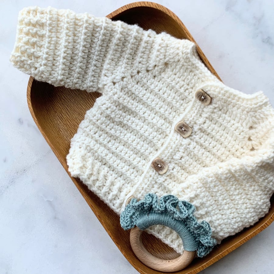 Rib Cardigan 100% Merino Wool Off White 