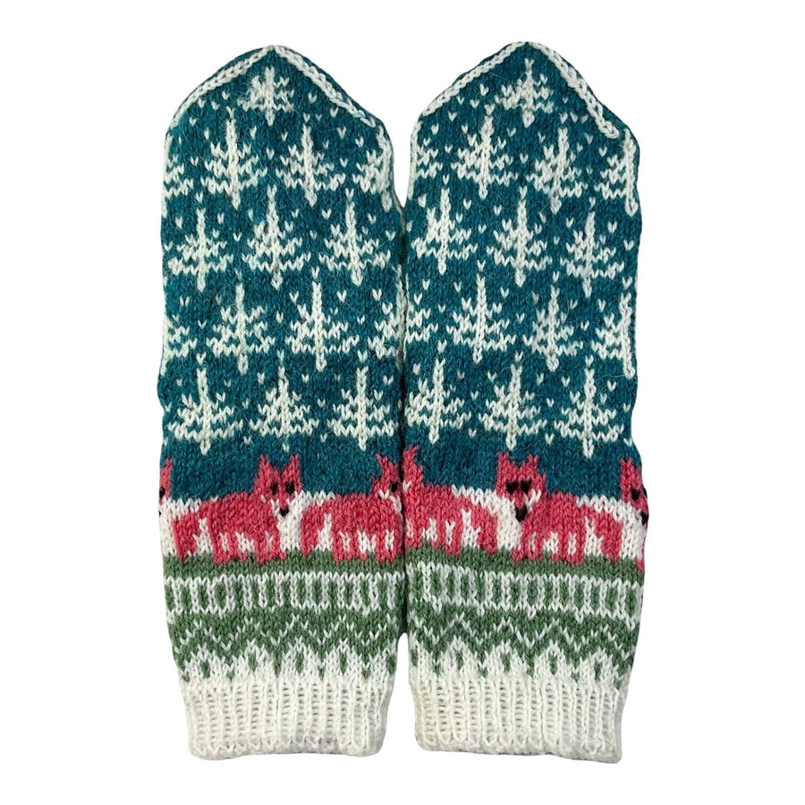 fox mittens, animal mittens, hand knitted mittens, handknit mittens, wool mitten