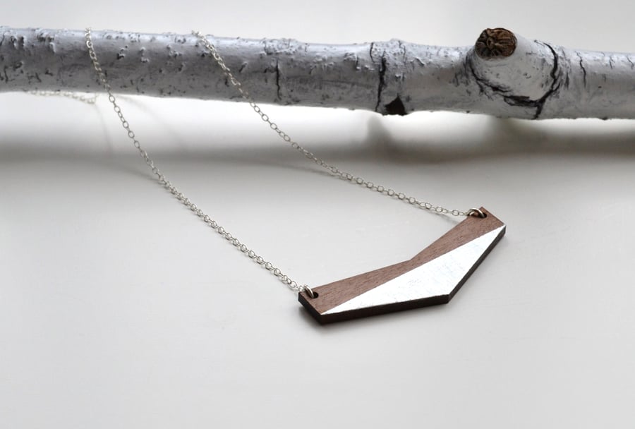 Wooden Chevron Necklace with Silver Leaf (long chain)