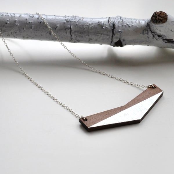 Wooden Chevron Necklace with Silver Leaf (long chain)