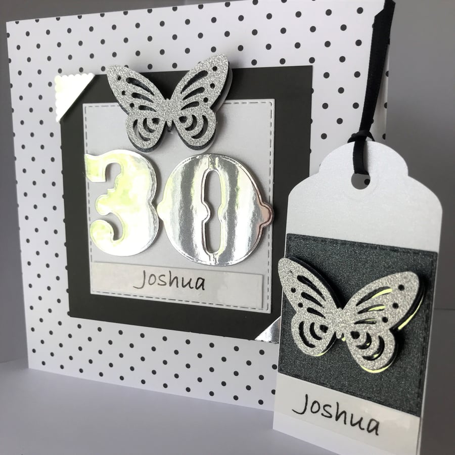 Personalised 30th birthday age black white butterfly handmade card 6 x 6 inches 