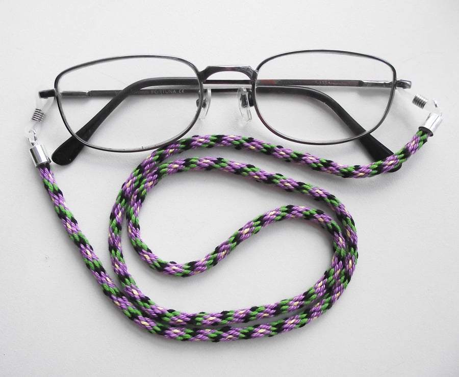Kumihimo Braided Cotton Glasses Strap, Purple, Green, Black, Yellow