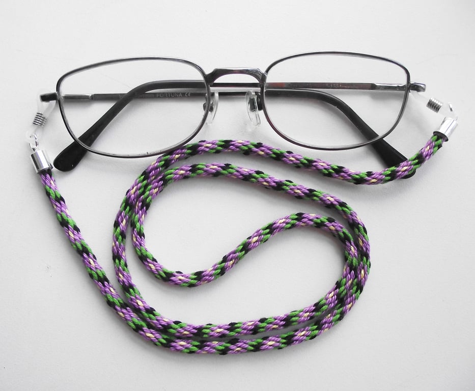 Kumihimo Braided Cotton Glasses Strap, Purple, Green, Black, Yellow