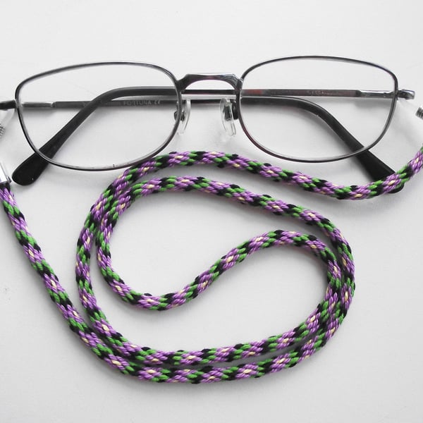 Kumihimo Braided Cotton Glasses Strap, Purple, Green, Black, Yellow