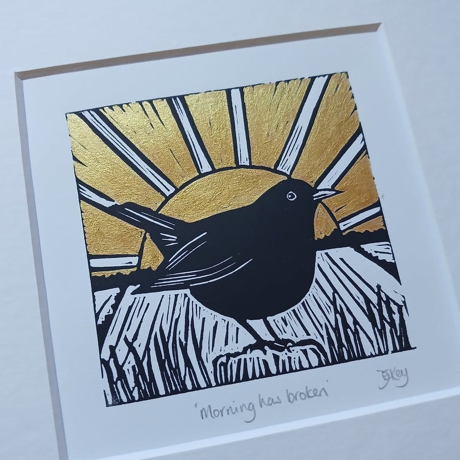 Morning has broken - original, hand painted, mounted linocut print - Folksy