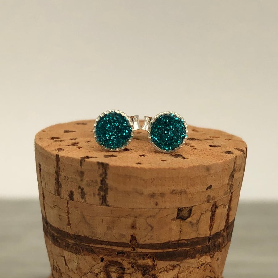 Sterling Silver Hand Enamelled Stud Earrings. Turquoise glitter stud earrings. 