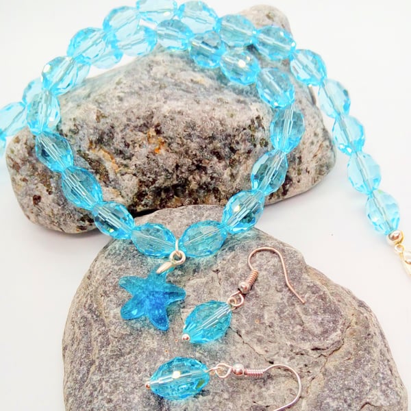 Pale Blue Crystal Necklace With a Glass Starfish and Earrings, Gift for Her