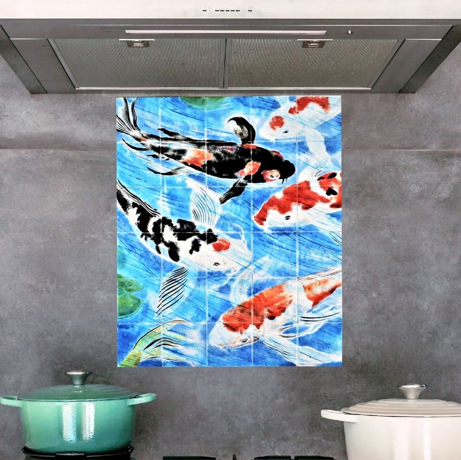 Koi Fish Painting, Tile Splashback, Kitchen Backsplash Tile.