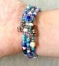 Blue wrap bracelet, stretch bangle made with mixed beads - one size fits all - Image 4
