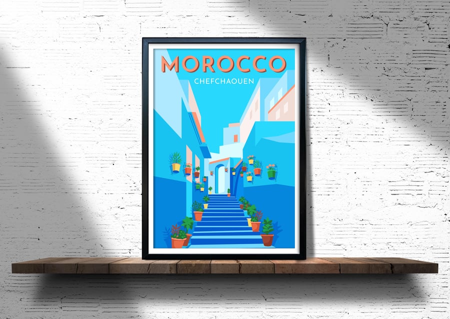 Morocco retro travel poster, Chefchaouen wall print, retro wall art