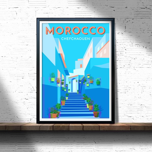 Morocco retro travel poster, Chefchaouen wall print, retro wall art