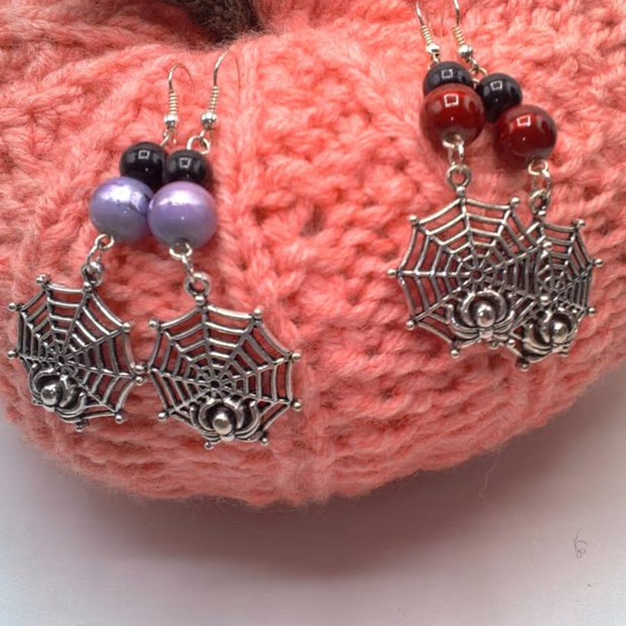 Silver Plated Spider's Web Earrings with Choice of Bead Colours, Spider Earrings