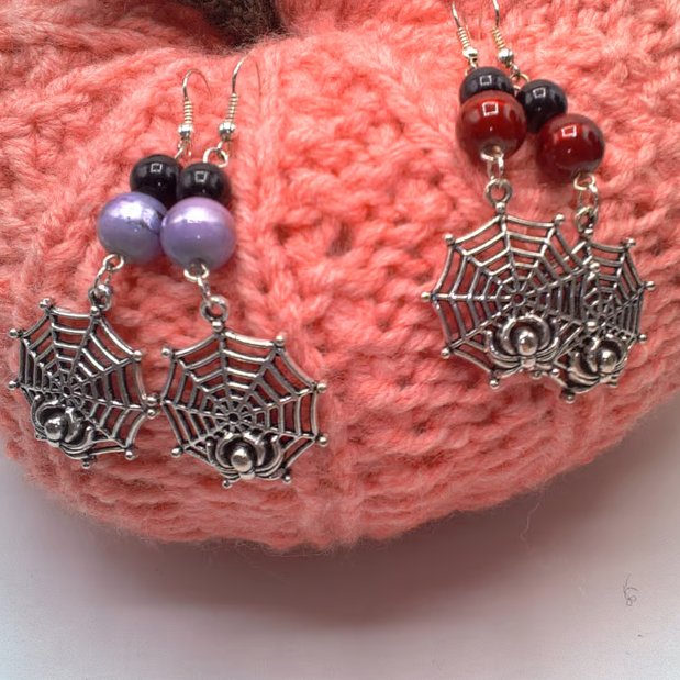 Silver Plated Spider's Web Earrings with Choice of Bead Colours, Spider Earrings
