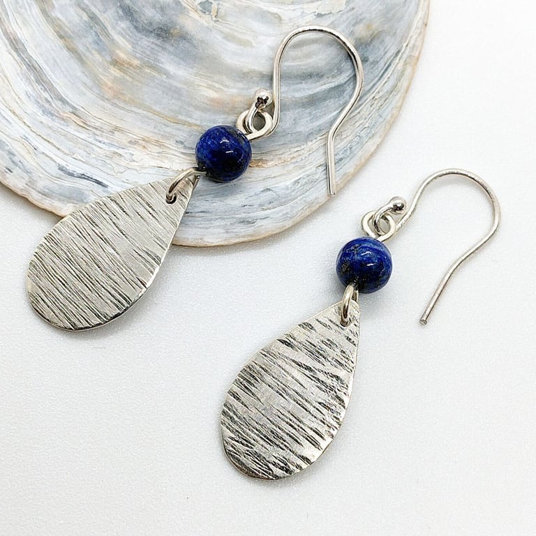 Lapis lazuli Drop earrings sterling silver sea ripples textured