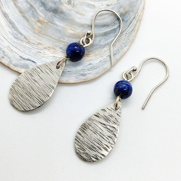 Lapis lazuli Drop earrings sterling silver sea ripples textured