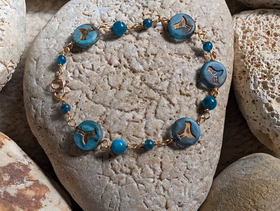 Apatite and Glass Beaded Bird Bracelet