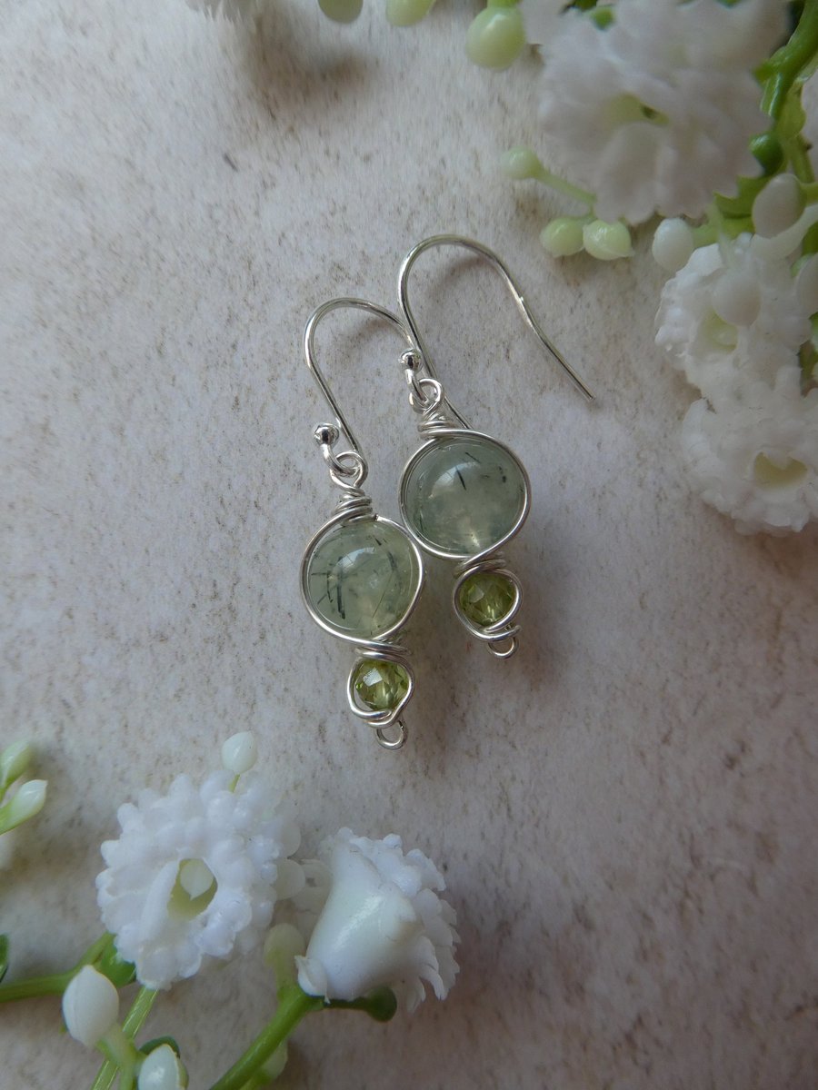 Spring green drop earrings, prehnite and peridot sterling silver earrings 
