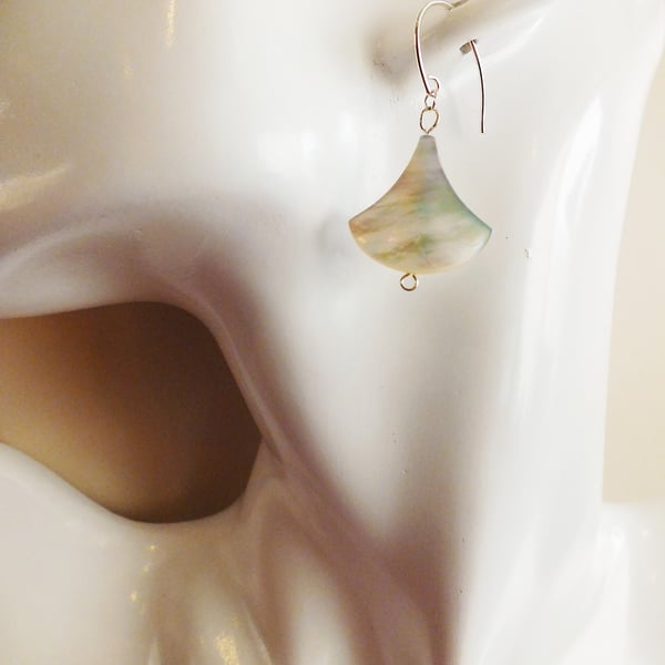 Decorative Fan-Shaped Mother of Pearl and Sterling Silver Earrings