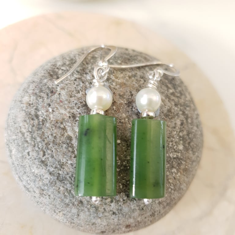 Nephrite Jade & Pearl Drop Earrings Sterling Silver