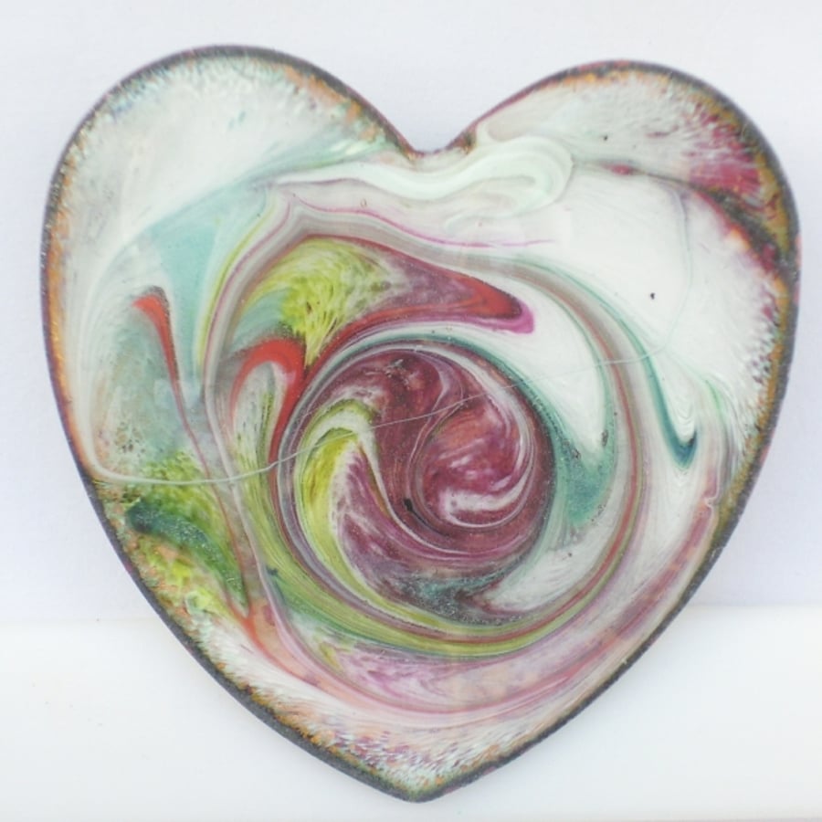 Heart shape brooch - scrolled amethyst, red ,green and yellow on white