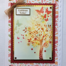 Birthday Card Celebrate Today Autumn Leaves Tree of Life Butterflies