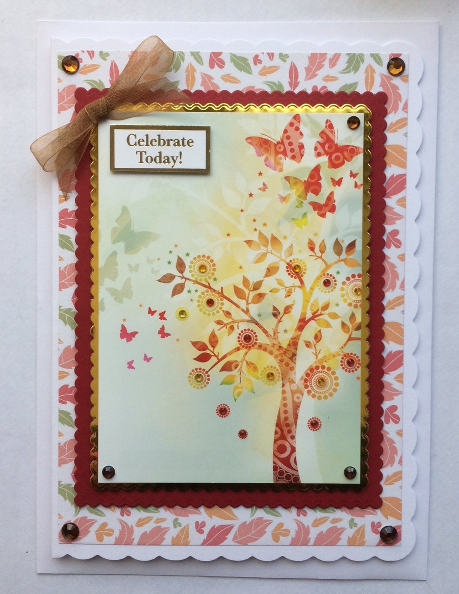 Birthday Card Celebrate Today Autumn Leaves Tree of Life Butterflies