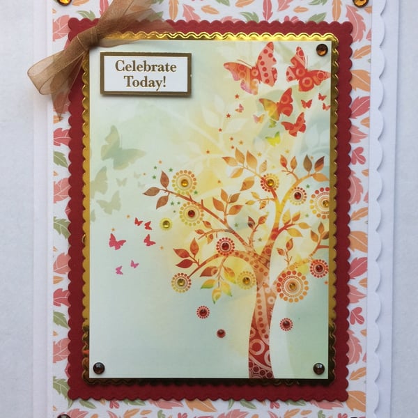 Birthday Card Celebrate Today Autumn Leaves Tree of Life Butterflies