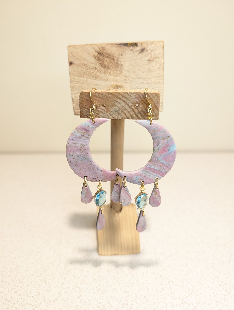 Pink marble large moon dangle polymer clay earrings