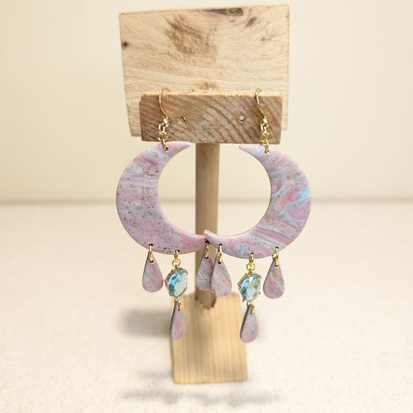 Pink marble large moon dangle polymer clay earrings