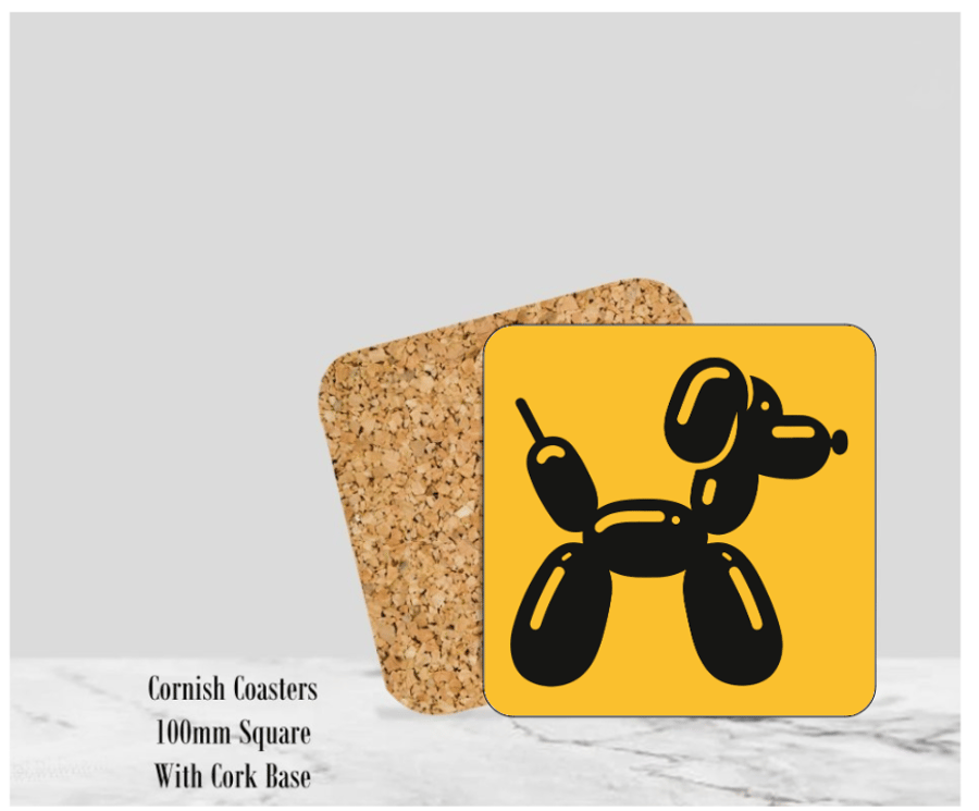 Yellow Balloon Dog Coaster 4" Square With Cork Base