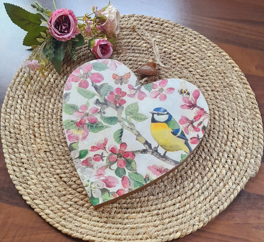 Blue Tit & Blossom Wooden Heart