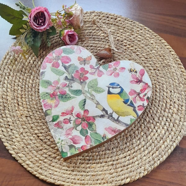 Blue Tit & Blossom Wooden Heart