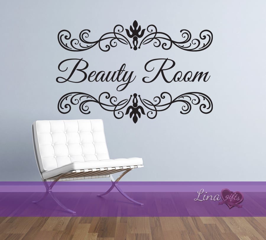 Personalised BEAUTY, hair SALON, custom name, damask swirls wall sticker decal