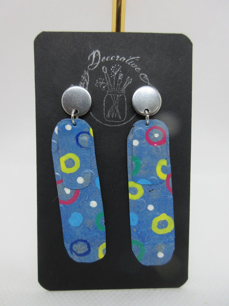 Recycled Soda-Can Tin Stud Drop Earrings - Blue with Coloured Circles 