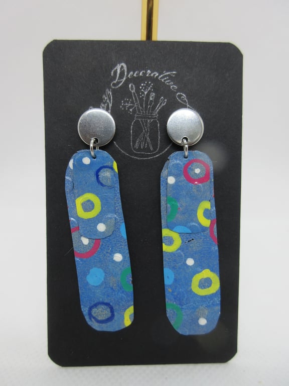 Recycled Soda-Can Tin Stud Drop Earrings - Blue with Coloured Circles 