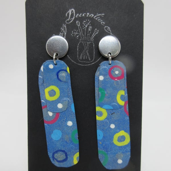 Recycled Soda-Can Tin Stud Drop Earrings - Blue with Coloured Circles 