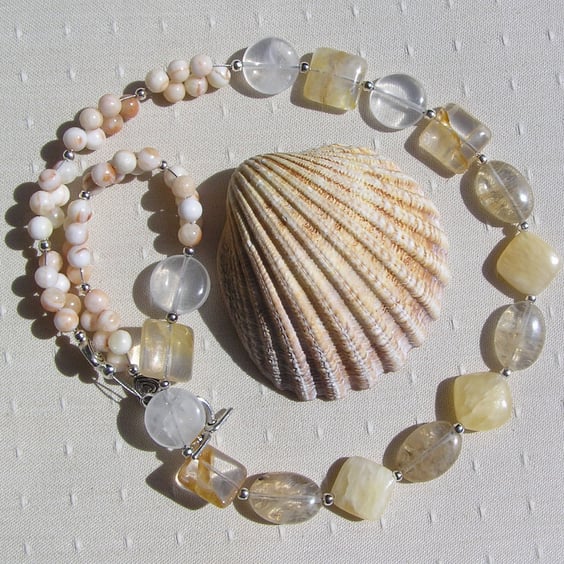 Honey Quartz & Yellow Tourmaline Gemstone Statement Beaded Necklace