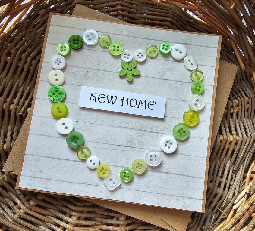 Green Button Heart New Home Card Size 5" x 5" (12.5cm x 12.5cm)