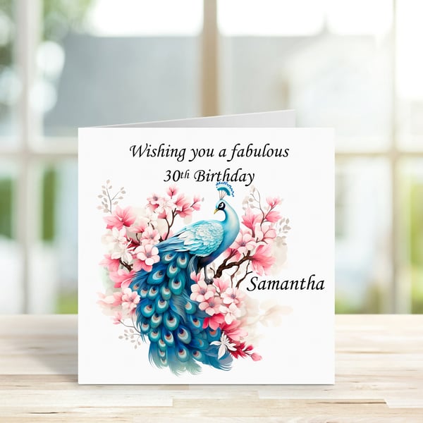 Personalised Beautiful Elegant Peacock Birthday Card. Design 2