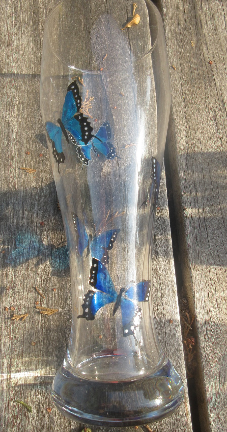 Glass Vase with hand painted butterflies in blues and black