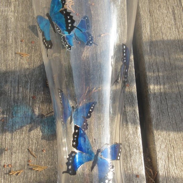 Glass Vase with hand painted butterflies in blues and black