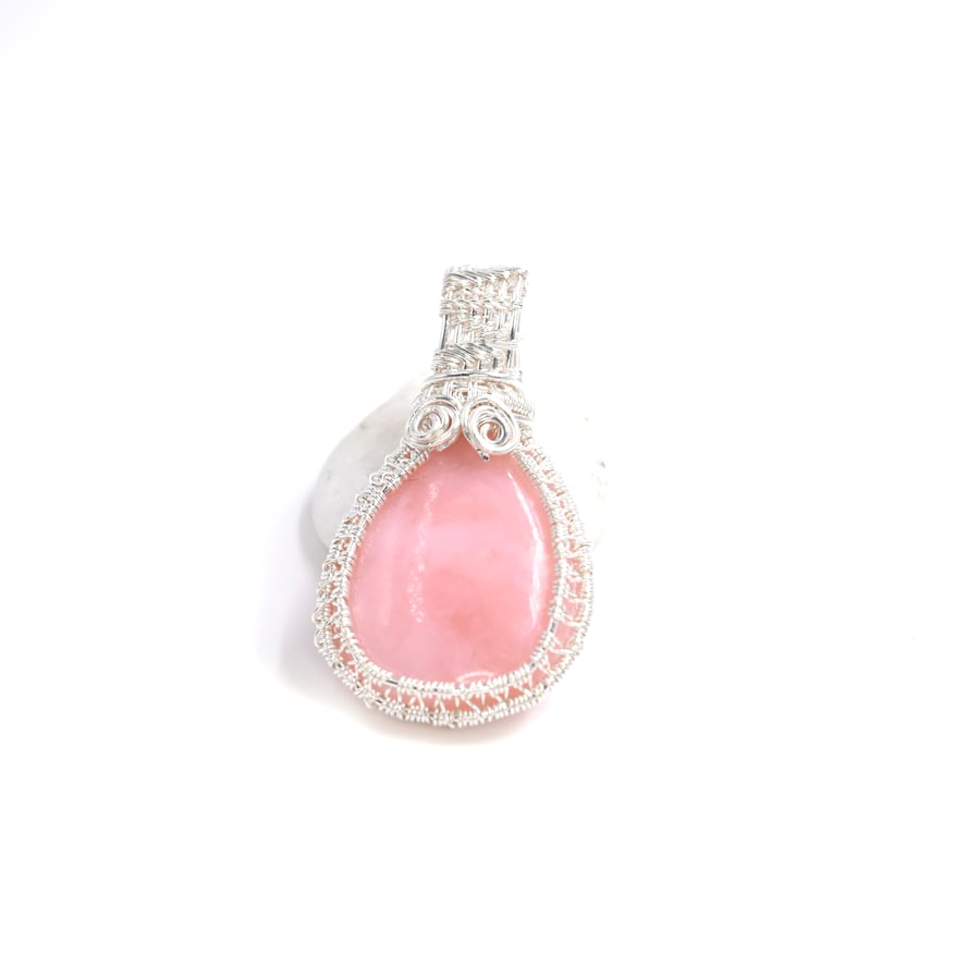 Pink opal - silver wire wrapped pendant; 0.99 silver pendant; pink opal pendant