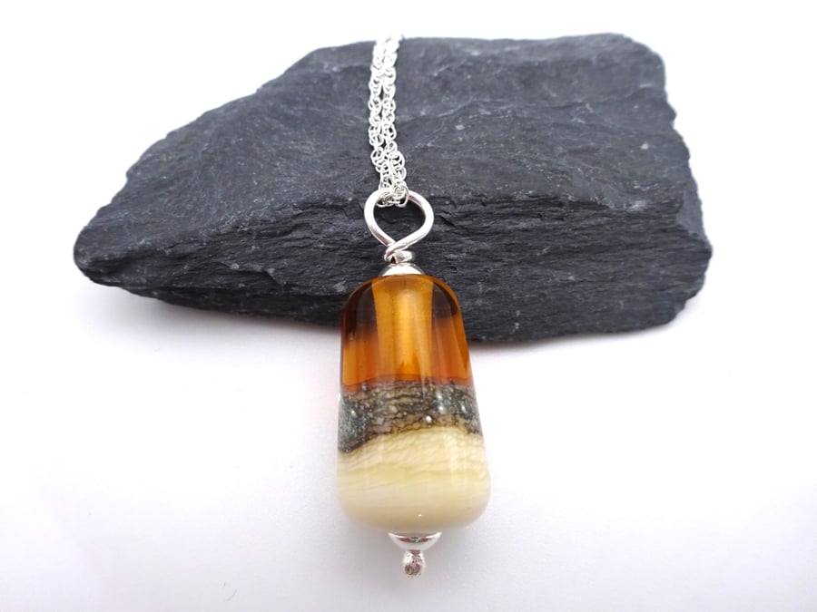 amber lampwork glass beach pendant necklace, sterling silver chain jewellery