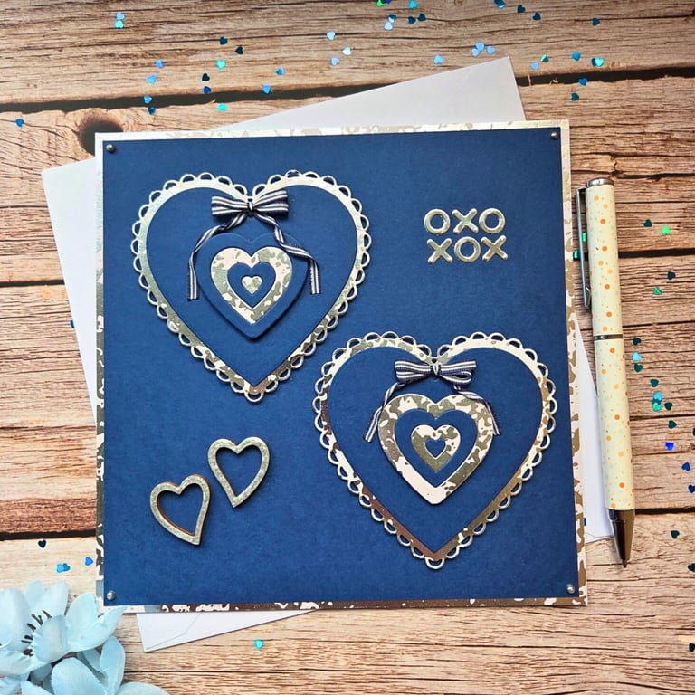 Valentine's Day Card With Hearts - Blue & Silver